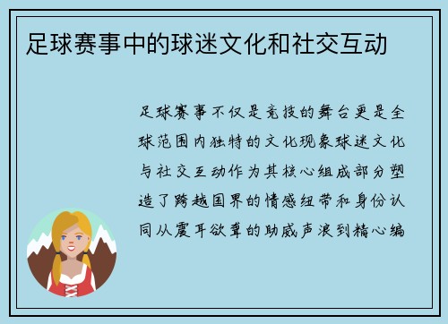 足球赛事中的球迷文化和社交互动