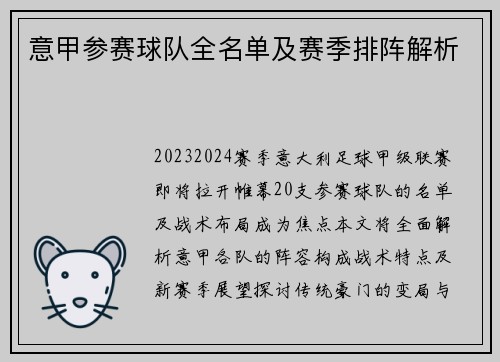 意甲参赛球队全名单及赛季排阵解析